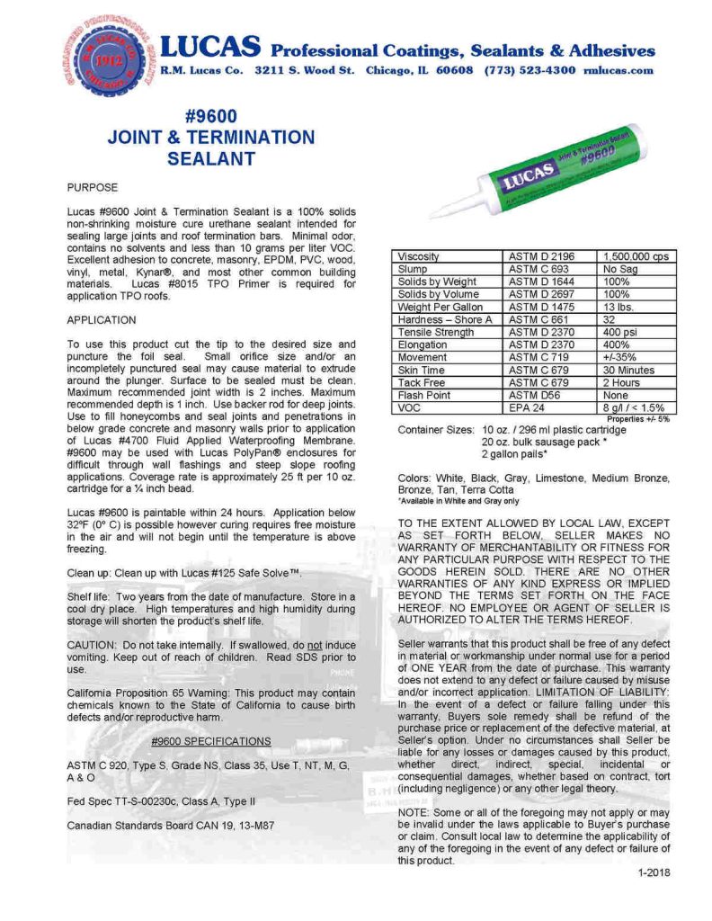 Lucas 9600 joint and termination sealant Waterproofing Solutions
